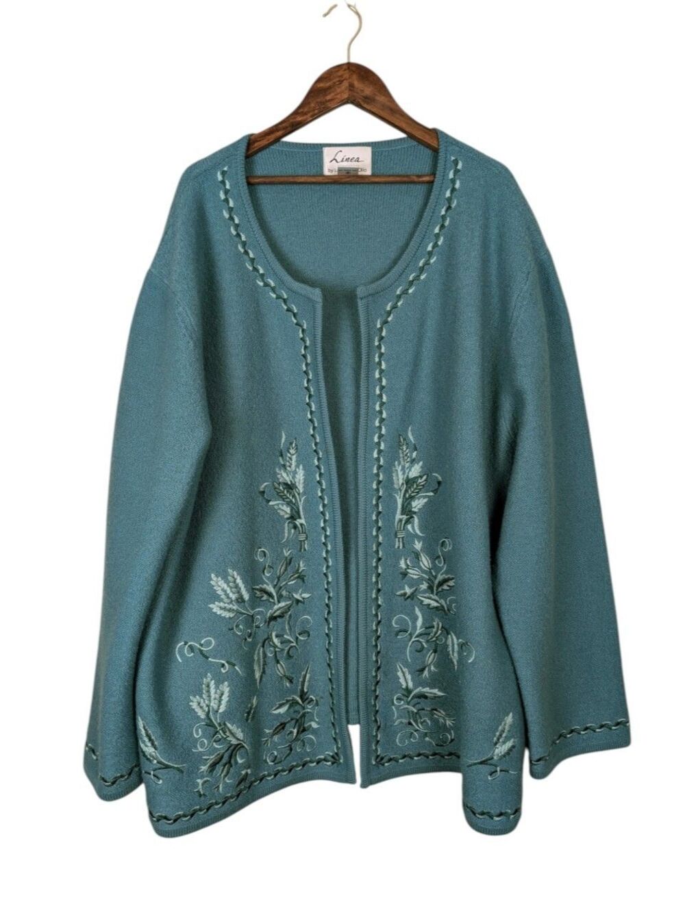 Linea Louis Dell'Olio Teal Blue 100% Wool Embroidered Open Sweater Jacket - 3X